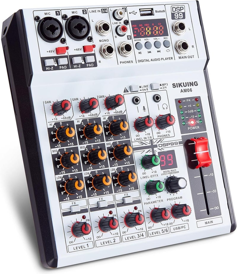 SIKUING 6 Channel Audio Mixer Professional Sound Board Console w/99 DSP Effects 48V Phantom Power Bluetooth USB Interface Stereo DJ Mixer Board for Karaoke Live Performance DJ Stage - Image 1